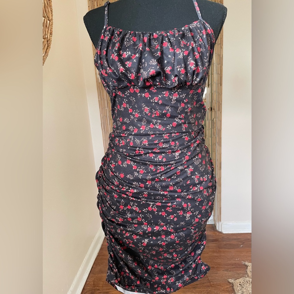 SHEIN Black and Red Floral Midi Dress